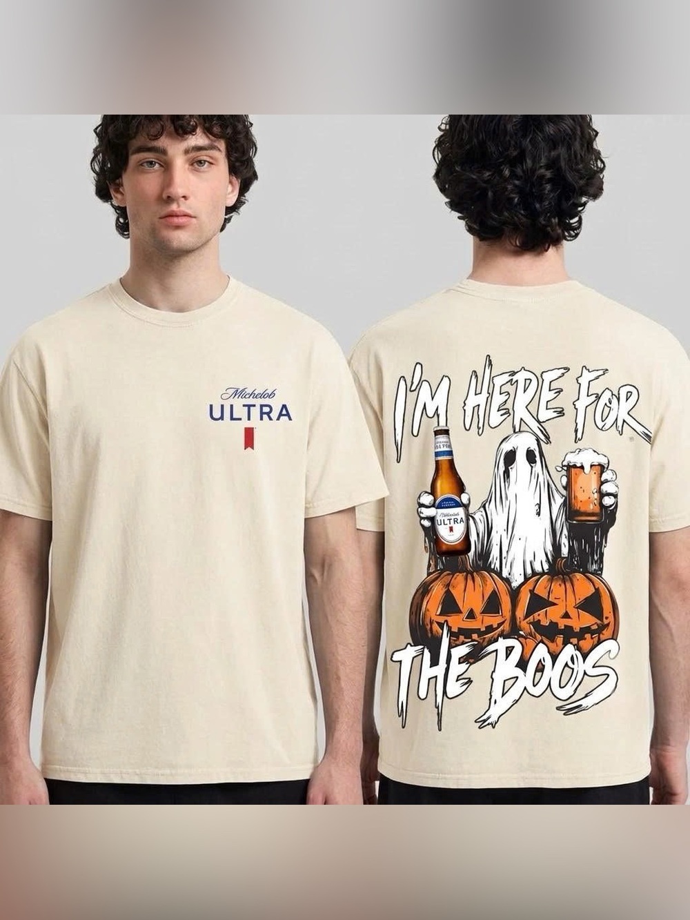 I'm Here For The Boos Halloween T-Shirt Ghost Drinking Beer Graphic Tee
